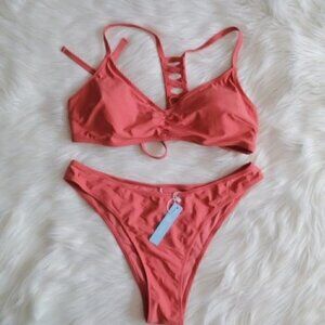 NWT Coral Pink Strappy Bathing Suit Sexy Bikini Set Size XL